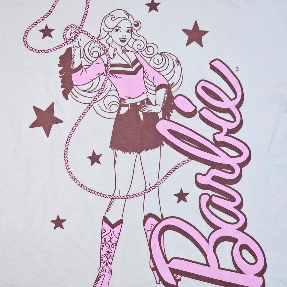 Barbie Cowgirl Graphic T-Shirt XL 14/16 White Pink Western Lasso Stars NWT - Picture 4 of 7
